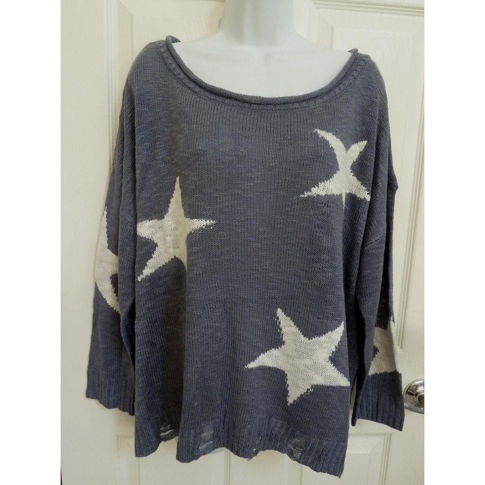 Maurices Women Plus 2X Star Print Distressed Hem Dolman Sleeve Sweater Blue NWT